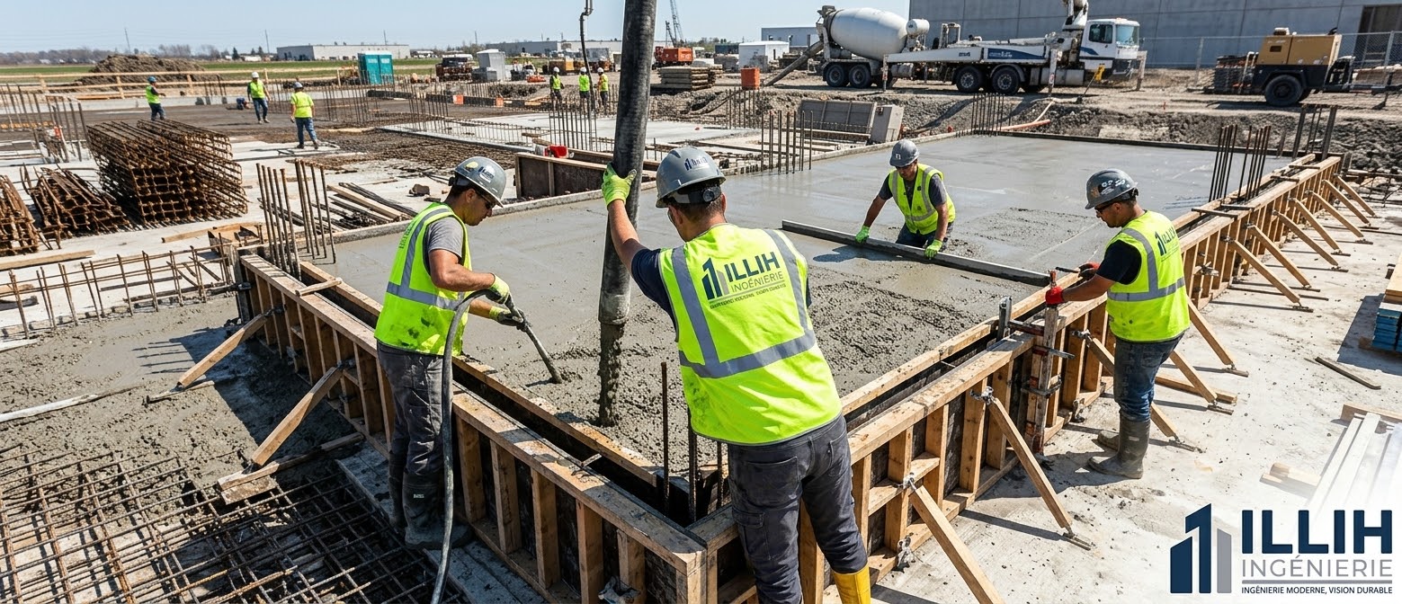 Équipe de chantier coulant une dalle de béton